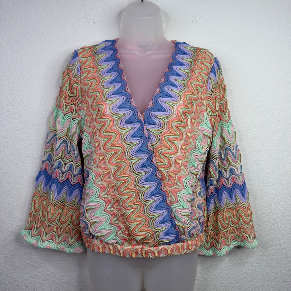Boston Proper Shirt Women M Colorful Chevron Crochet Knit Bell Sleeve Boho Retro